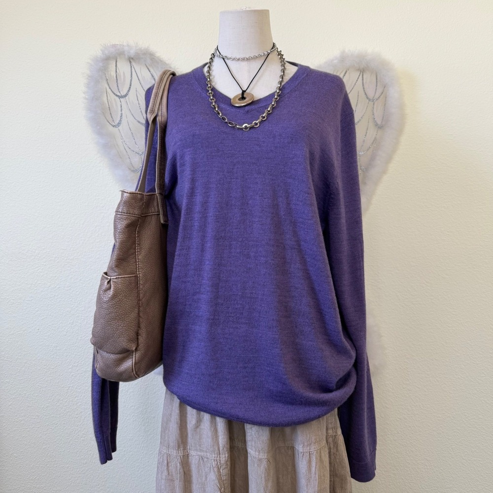 Minimal Retro V Neck Sweater Purple Wool Blend Oversized‎ Preppy Academia Retro